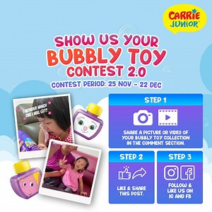 Attention to all our cuties of CARRIELAND! ✨✨ ‘Show us your Bubbly Toy Contest 2.0’ is happening! 🥰 Stand a chance to win prizes worth up to RM 5800! 🤩🥳 All you have to do is the below: 1) Share a picture or video of your bubbly toy collection in the comment section. 2) LIKE & Share this post. 3) FOLLOW us on Facebook or Instagram @carrie.malaysia T&Cs: http://bit.ly/3idWqEo Contest ends: 22 December 2022 | CARRIE