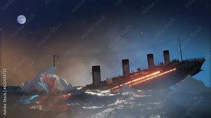 Reconstruction of the wreck of the Titanic liner crash about Iceberg render 3d