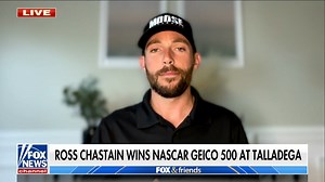VICTORY LANE: Ross Chastain joins Fox & Friends live after winning the Geico 500 at the Talladega Superspeedway, and explains the meaning behind his watermelon-smashing celebration. | Fox & Friends
