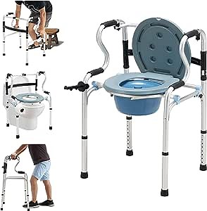 Folding Walker Shower Chair Commode Seat, 6 in 1 Bedside Commode Chair, Adjustable Toilet Chair for 330lbs Capacity, Senior and Foot Injured Daily Living Aid,Bathroom,Compact