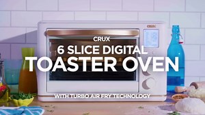 CRUX 6 Slice Digital Toaster Oven with Air Fry, TurboCrisp Technology with 11 Cooking Options, Adjustable Temperature and Removable, PFOA Free, Dishwasher-Safe Accessories, 1800W, White