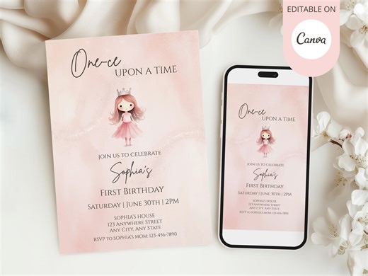 Once Upon a Time Birthday Invitation Editable | Princess First Birthday Invite Girl | Red Hair Princess Invite | Phone Invite Included - Etsy