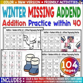 Winter Addition Color Code Picture Missing Addend to 40 Worksheets Puzzle.