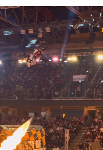 @lucackermann98 going big at the @nightoffreestyle in Nuremberg #fmx #lucackermann #nightoffreestyle #dirtbike