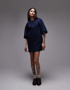 Topshop denim mini shift dress with balloon sleeves in raw look indigo | ASOS
