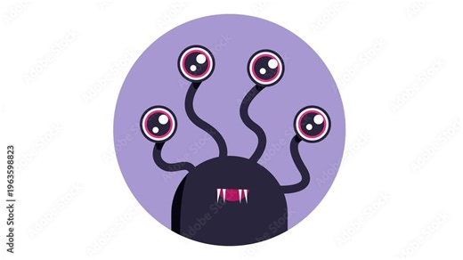 Animated cartoon monster with four eyes on purple circle background