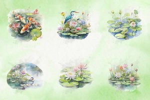 Lily Pond Watercolor Clipart: Frog, Koi, Lotus (PNG Digital Download) - Etsy