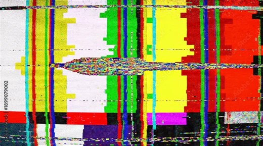 A distorted video screen displays a chaotic mix of colorful stripes and pixels.