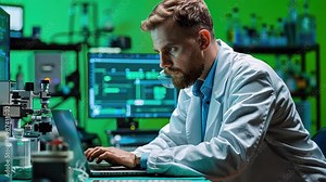 An engineer in a lab coat working on a laptop, with various software interfaces open, indicating complex programming tasks.