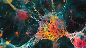 A colorful, detailed depiction of a neural network with vibrant synapses and connections. The image captures the complexity of brain activity, illustrating neural pathways in an abstract and dynamic
