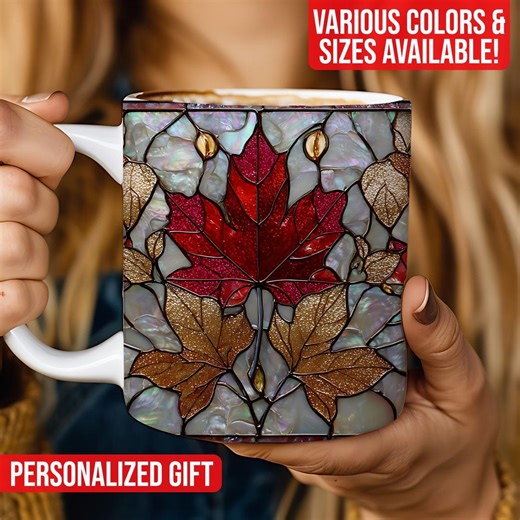 Stained Glass Autumn Leaf Plants Mug, Watercolor Nature Foliage Ceramic Coffee Cup 11oz or 15oz - Etsy