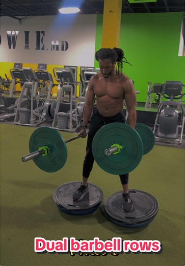 Dual barbell rows on bosu ball. Great for stability and activating those core muscles. #fitness #rows #backworkout #coreworkout #bosu