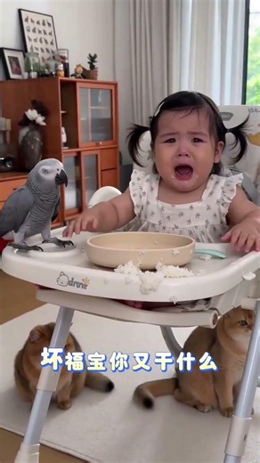 妞妞乖乖喫飯，福寶打翻飯被說還嘴硬 #動物萌寵鸚鵡#萌娃 #萌娃搞笑日常 #萌寵日常記錄