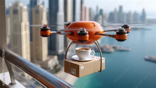Drone Delivery Over Water: A high-tech drone carries a coffee cup and a package, illustrating the future of swift and efficient delivery services over a coastal landscape.