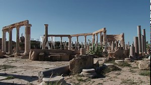 Low wide shot of the market of Leptis Magna the extensive Roman ruins near Al Homs, Libya