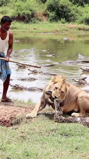 Lion vs Python Fight – Farmer’s Brave Move Shocks Everyone! 🦁🐍🔥 #shortsfeed #animals