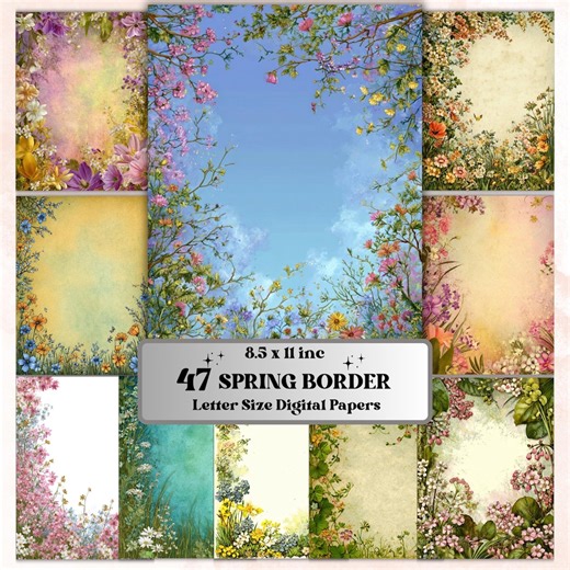 Spring Border Junk Journal Pages, Floral Easter Collage Paper, Spring Frame Backgrounds, Garden Ephemera, Vintage Papers, Scrapbooking - Etsy