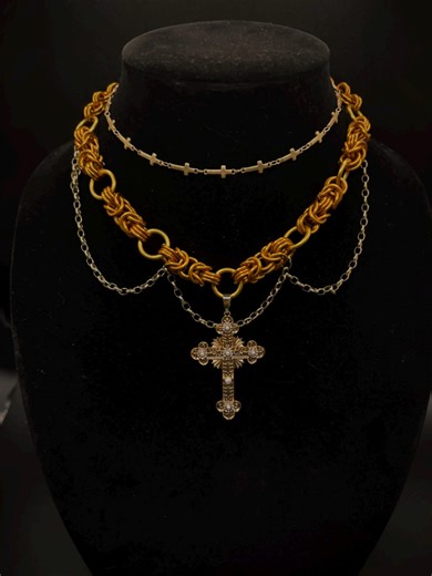 Cross Chainmaille Byzantine Necklace Mixed Metal Gothic Jewelry Chunky Deep Gold Chain Statement Pendant Chainmail - Etsy