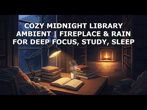 Cozy Midnight Library Ambient | Fireplace & Rain for Deep Focus, Study, Sleep