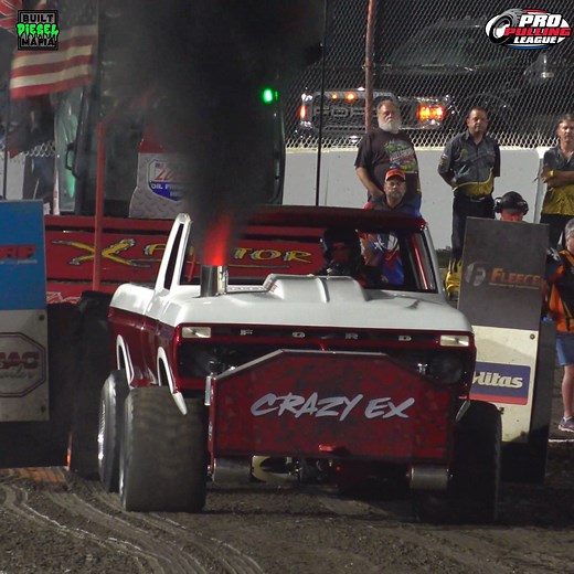 Jon Manns beautiful old school Ford "Crazy Ex" Super Stock Diesel Truck pulling at the Dirt Oval in Joliet, Illinois in Pro Pulling League action #turbo #superstockdiesel #truckpull #horsepower #diesel | BUILT Diesel MAFIA