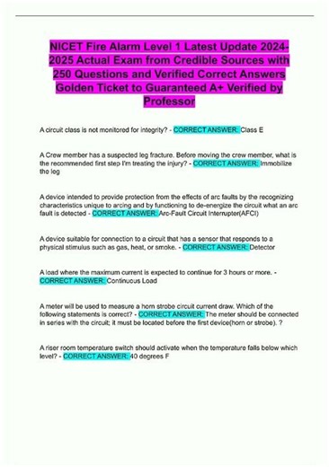 NICET Fire Alarm Level 1 Latest Update 20242025 Actual Exam from Credible Sources with 250 Questions