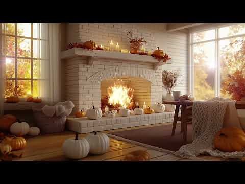 Cozy Fall Fireplace Ambience | Natural Sunny Fall Aesthetic with Pumpkins & Candles