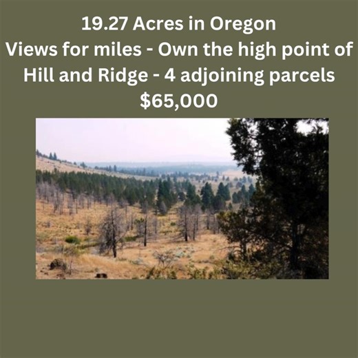 🌲 19.27 Acres in Sprague River, OR – $65K 4 adjoining lots with epic views, high ridge point, and flexible living options. Mobiles, modulars, RVs, and site builds allowed. 📍 Just 5.5 miles from town – Owner financing available! MORE DETAILS: https://landresellers.com/properties/views-for-miles-own-thehigh-point-of-hill-and-ridge-4-adjoining-parcels | 1881.com