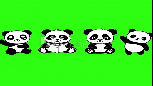Cute cartoon panda characters animation set. Pandas waving, reading, and sleeping. Green screen background for kids' videos or kawaii projects