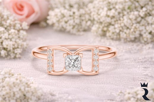 Rose Gold Princess Cut Engagement Ring, Geometric Architectural Setting, Modern Minimalist Diamond Band - Etsy