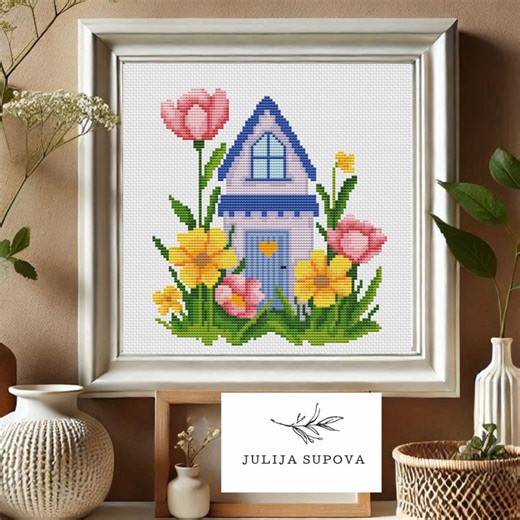 Flower House Cross Stitch Pattern, Floral Cottage Design (PDF) - Etsy