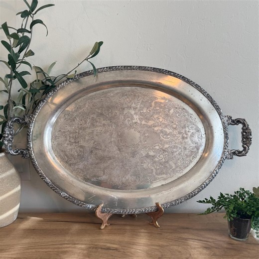Vintage Silver Serving Tray | 1930s Oneida Community Henley Tudor Plate | 26" Large Oval Silverplate Tray With Handles - Etsy