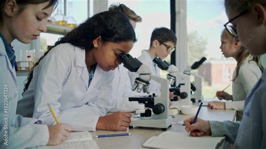 Diverse students using microscopes in science class laboratory, hands-on STEM education and teamwork in school.