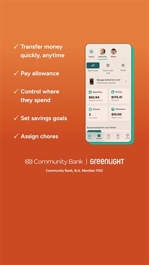 Earn, save and spend wisely together with Greenlight: the debit card and money app for kids and families. Enjoy a free subscription by signing up or opening an account today. | Community Bank, N.A.