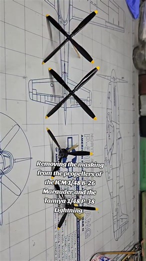 Bradford on Instagram: "Removing the masking from the propellers of the ICM 1/48 B-26 Marauder and the Tamiya 1/48 P-38 Lightning. @tamiyausa @tamiya_inc_jp @icm.kits #tamiya #icm #b26marauder #p38lightning #props"