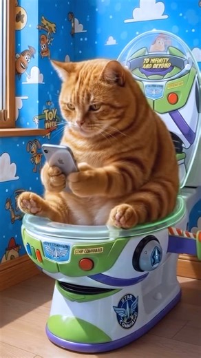 Toilet Cat 365 on Instagram: "Today’s Toilet Test: Buzz Lightyear Toilet 🚀🚽 Today’s toilet test goes to infinity and beyond! 🚀🚽 The orange cat sits on a Buzz Lightyear–themed toilet, glowing with space-ranger colors and toy details. Door opens… and suddenly it’s a Toy Story bathroom mission. The cat? Still scrolling the phone like this is totally normal. 😹📱 #shorts #catvideo #buzzlightyertoilet #toystorytoilet #spacetoilet catscrolling orangecat funnycat toiletexperiment weirdtoilet toythe