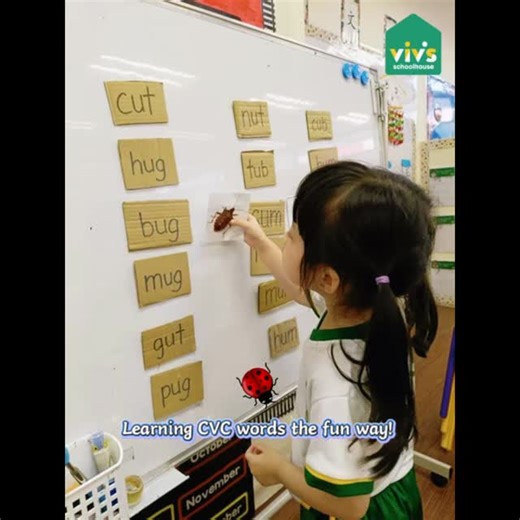 Viv's Schoolhouse on Instagram: "📚✨ Learning English Through Play! ✨📚 Today, our children explored phonics and CVC words 🐞 Simple words like hug, bug, mug, pug helped them connect sounds to letters ✍️ Using picture cards, they matched images to words 👀🧠 Then came the fun fly swatter game — listen, think, and swat the correct word together 🎯💡 Finally, they practiced spelling with pictures like a bus: _ _ _ → b-u-s 🚌 These activities build: • Phonics awareness • Vocabulary • Listening & fo