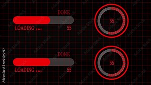 red color loading bar animation grid background. with done text. Science Loading Ring. Loading Transfer Download Animation from zero to one hundred percent.