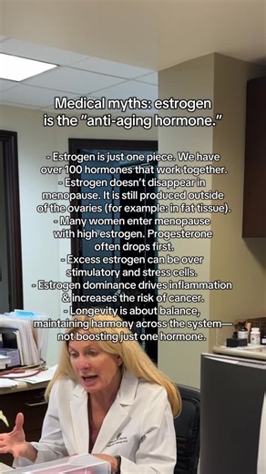Leigh Erin Connealy, M.D. on Instagram: "Many people call estrogen the “anti-aging hormone.” It’s promoted to women almost as soon as they start experiencing menopausal symptoms, as if one hormone could be the universal solution. But biology is far more complex than that. Of course, estrogen is necessary. But what’s even more necessary is balance. Hormones do not work in isolation, and when estrogen is elevated without proper counterbalance, it can actually accelerate aging rather than prevent i