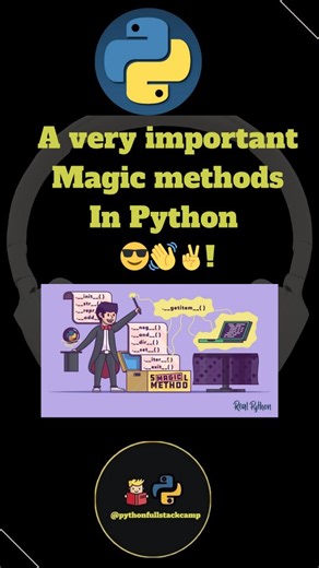 pythonfullstackcamp on Instagram: "Unveiling the top 20 essential magic methods in Python! ✨ python magic methods python dunder methods python special methods python init method str vs repr python python operator overloading essential python magic methods python eq lt python getitem setitem python magic methods tutorial #pythontips #pythonprojects #pythonquiz #pythoncoding #pythondevelopers"