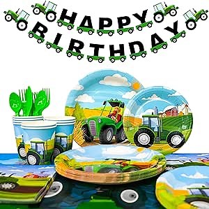 Tractor Birthday Party Supplies,130pcs Tractor Birthday Decorations Tableware Pack-Tractor Plates and Napkins Cups Tablecloth & Tractor Birthday Party Banner etc Tractor Themed Birthday Party Supplies