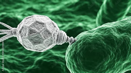 A detailed microscopic 3D rendering of a bacteriophage virus attaching to and injecting its genetic material into a green bacterial cell illustrating the complex process of viral infection and replic.