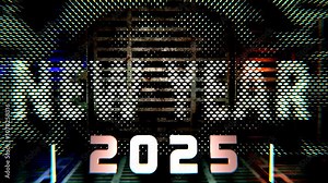 Abstract 3d animation of the technological process of resizing hexagons and New Year's text. Looping New Year's animation of the 2025 New Year date from a variety of hexagons that glow.