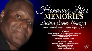 It is with sad hearts that we announce the passing of Brother James Younger,83, of Thomaston, Alabama. Mr. Younger entered into eternal transition on Wednesday August 13, 2025 at Whitfield Regional Hospital in Demopolis, Alabama. | Phillip White's Julia L. White Funeral Home