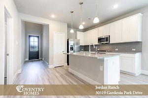 Fulshear, Texas - This bold two-story brick and stone accented home in Jordan Ranch by Johnson Development makes a statement from the street. Features include 4 bedrooms, 3 bathrooms, a game room, and a Texas-sized covered patio. To learn more, visit: coventryhomes.com/houston/jordanranch/home/h2t163 | Coventry Homes | Facebook