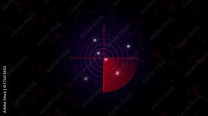 Digital sonar radar screen animation with rotating scanning line detecting object movement, representing tracking system, surveillance, submarine sonar, and futuristic technology interface