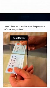 Read captions for more details👇 . To check if a mirror is a regular one or a two-way mirror, you can use a simple and popular method called the "fingernail test." Here's how it works: Imagine you're standing in front of a mirror and you're unsure if it's a regular mirror or a two-way mirror (a mirror that allows someone on the other side to see through it). You can do a quick check by placing your fingernail against the surface of the mirror. In a regular mirror, there's a gap between your fing