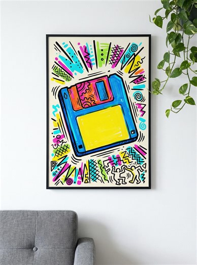 Retro Floppy Disk Art | 90s Computer Wall Art | Memphis Style Tech Poster | Colorful Vintage Digital Art - Etsy