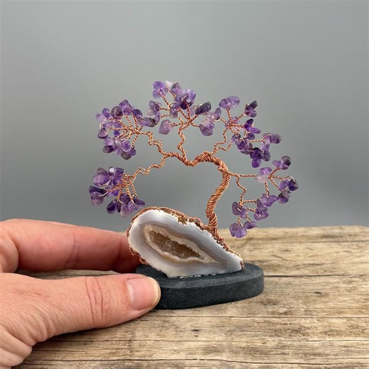 Amethyst Bonsai Tree Sculpture: Copper Wire Tree of Life on Polished Oco Geode - Etsy