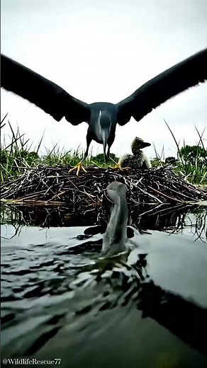 Watch This Fearless Black Heron Strike Python Threatening Her Nest in Stunning Detail #birddefense