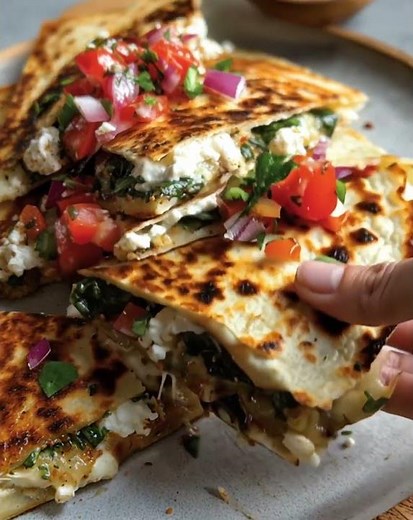 Mediterranean Quesadillas with Spinach, Feta, Mozzarella, and Red Onion